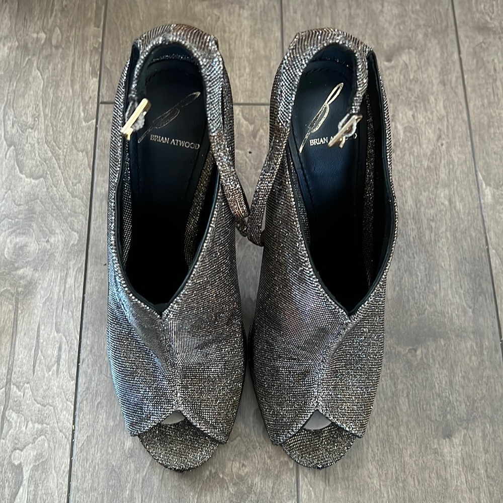 Brian Atwood, silver booties with open toe